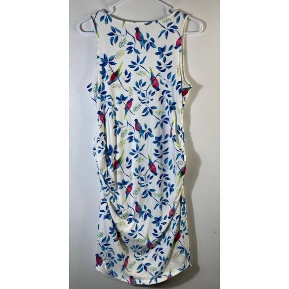 Womens Motherhood Maternity Stretch Dress Ruched Sides Floral Bird M - Picture 2 of 9